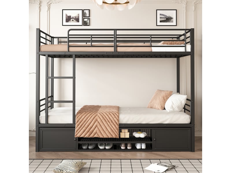 Lit superposé 90 × 200 cm 2 places avec échelle, rangements chaussures et placards, sans matelas, métal noir - Conforama C