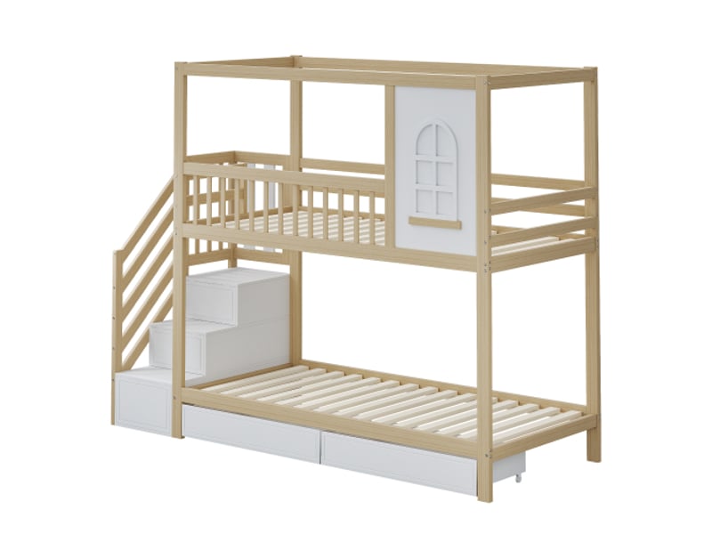  Lit superposé enfant 90x200 cm avec 2 tiroirs et sommier à lattes, escalier de rangement, naturel, sans matelas  - Conforama D