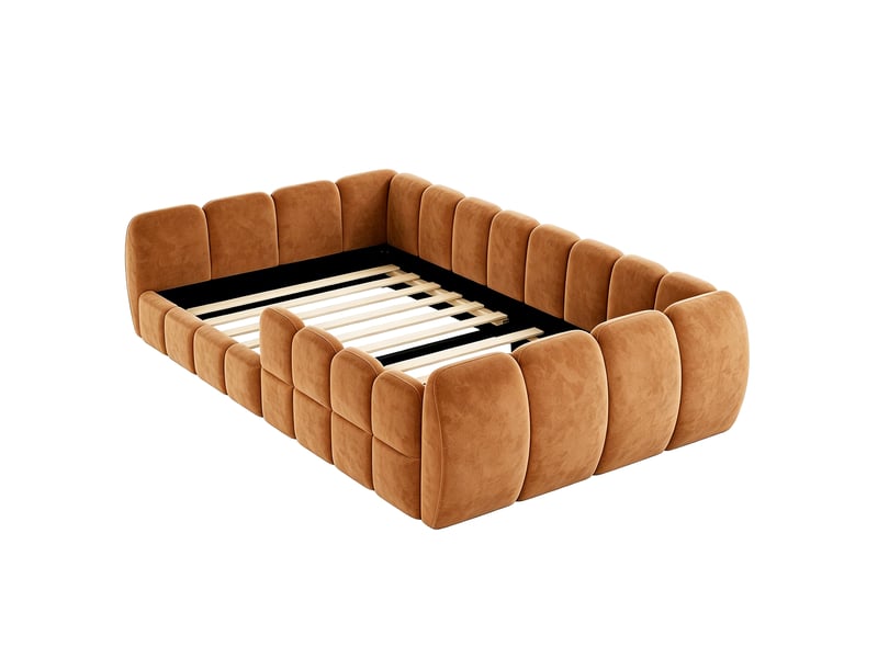  Lit simple enfant 90 x 200 cm avec cadre bas rembourré aux angles arrondis, tête de lit et côtés enveloppants, velours, orange Morn Vibe - Conforama E