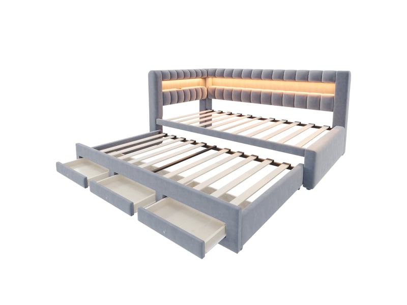  Canapé-lit 90 x 190 cm – avec lit gigogne – avec 3 tiroirs – avec éclairage led – avec port de charge usb – gris foncé (matelas non inclus)  - Conforama W