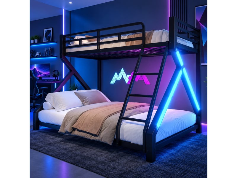  Lit superposé enfant 90x200140x200 cm en métal, avec led, échelle, barrières de sécurité, sans matelas, noir  - Conforama B