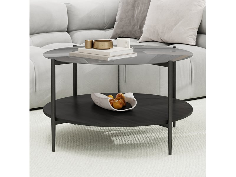 Table basse à deux niveaux en verre trempé noir et bois noir - Conforama C