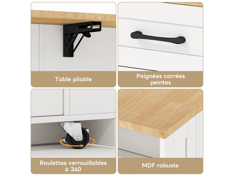 Desserte de cuisine 120 x 65 x 92 cm blanche et naturelle en mdf, tablette rabattable et prises intégrées  - Conforama E