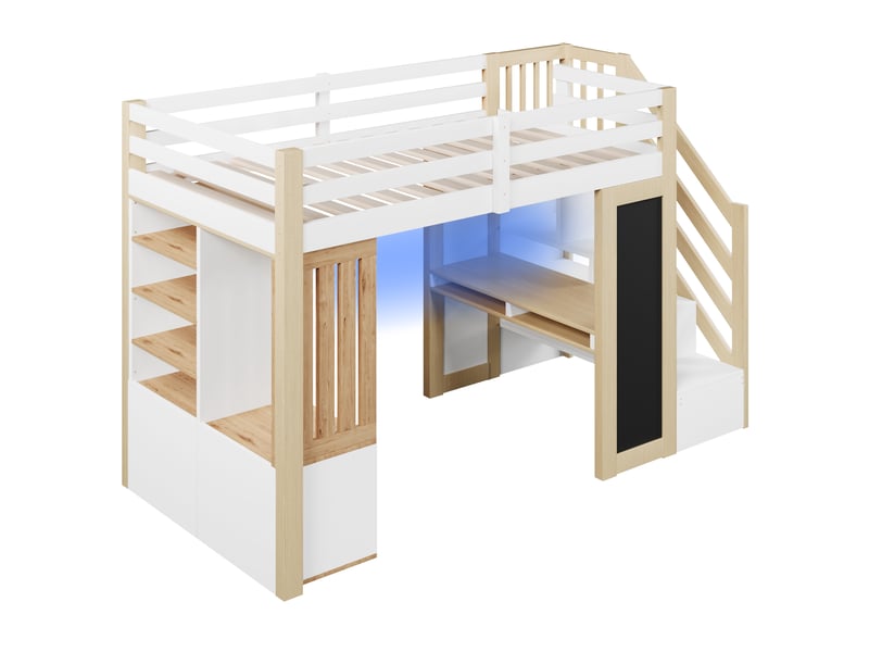  Lit mezzanine 90x200 avec bureau, étagères, armoire, échelle de rangement, tableau noir et éclairage led, blanc et naturel  - Conforama D