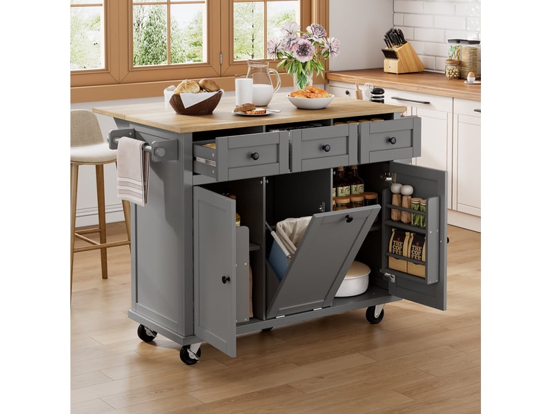  Îlot de cuisine mobile extensible 112x46,2-76,2x92,7 cm roulettes, portes, tiroirs, compartiment poubelle, en mdf, gris+naturel  - Conforama D