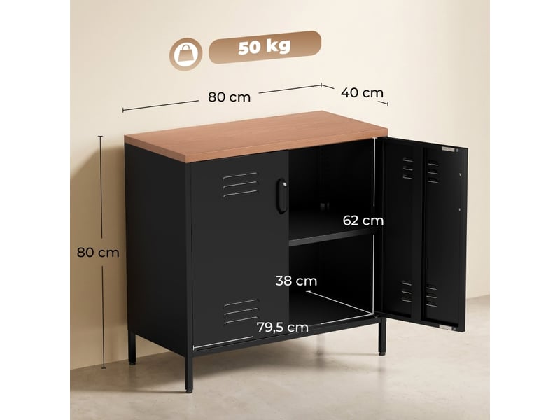  Buffet de rangement 2 portes avec étagère réglable - lpospi - acier effet bois noir 80 × 40 × 80 cm  - Conforama D