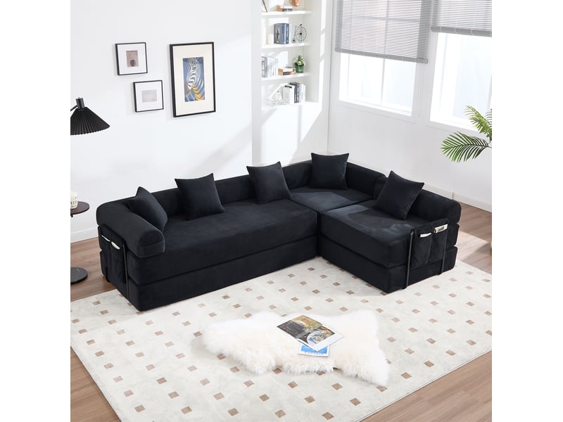  Canapé d’angle modulable convertible 4 places en velours côtelé noir 270 x 180 x 64 cm  - Conforama C