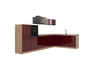 Vicco cuisine en angle, rouge brillantchêne doré, 347 x cm plan de travail chêne doré