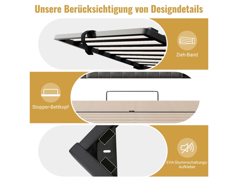  Lit coffre 140x190 cm, lit double, rangement hydraulique, étagères, led, lin gris, usb et usb-c  - Conforama E