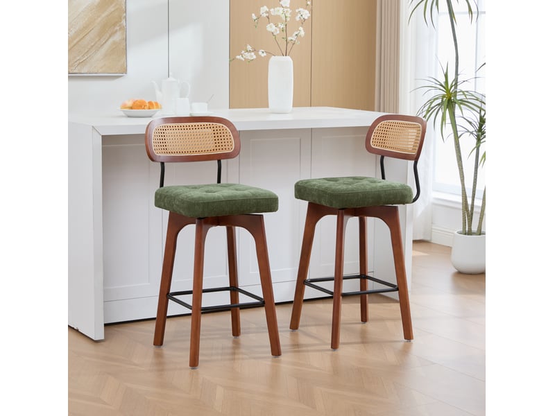 Tabourets de bar lot de 2 pivotants à 360° avec dossier en rotin et assise rembourrée en chenille verte - Conforama B