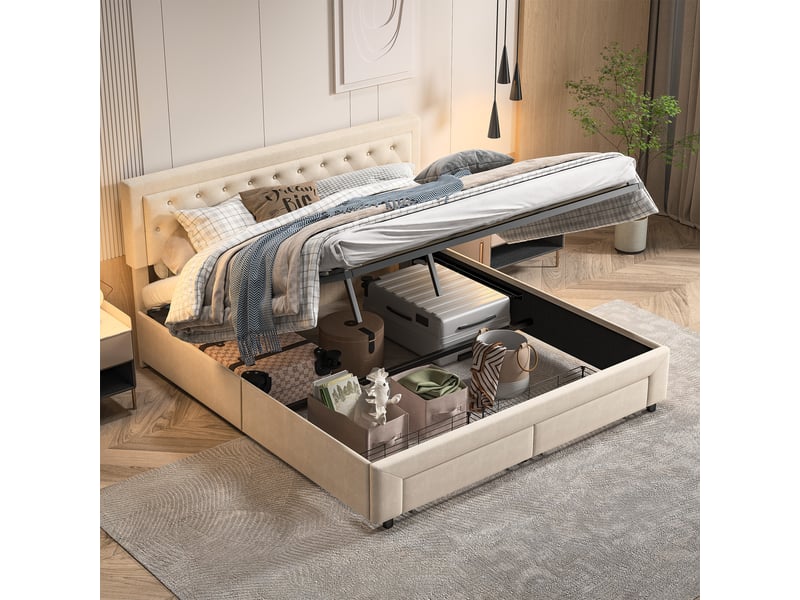  Lit double coffre 160x200, rangement hydraulique sous le lit, 2 tiroirs au pied, sommier à lattes, tissu velours, beige  - Conforama D