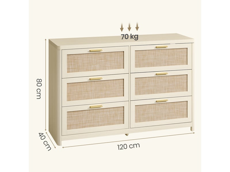  Commode de chambre 6 tiroirs, meuble de rangement bohème, 120 x 40 x 80 cm, beige  - Conforama D