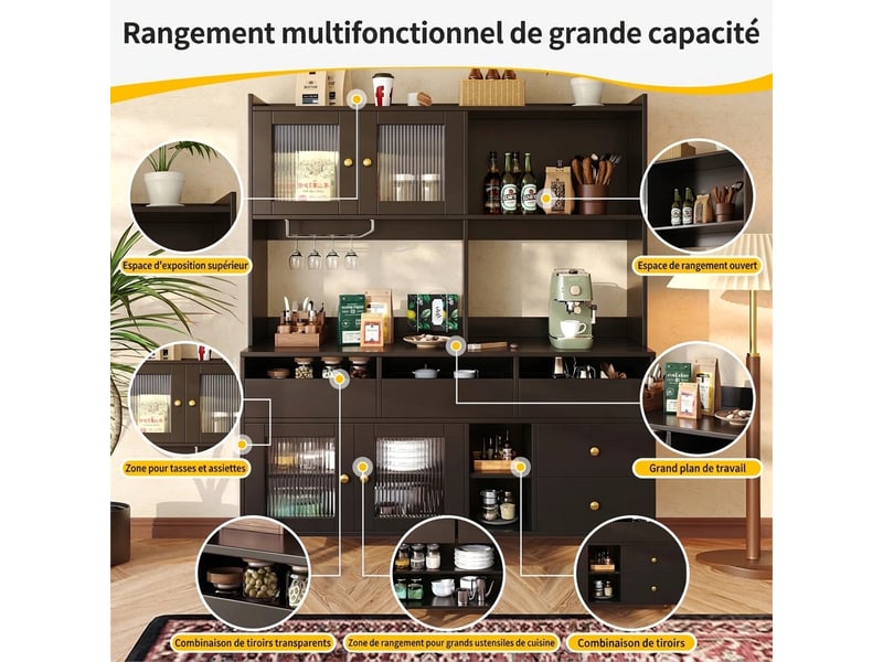  Buffet haut noir avec portes en verre changhong et porte-bouteilles 145x39x171 cm  - Conforama D