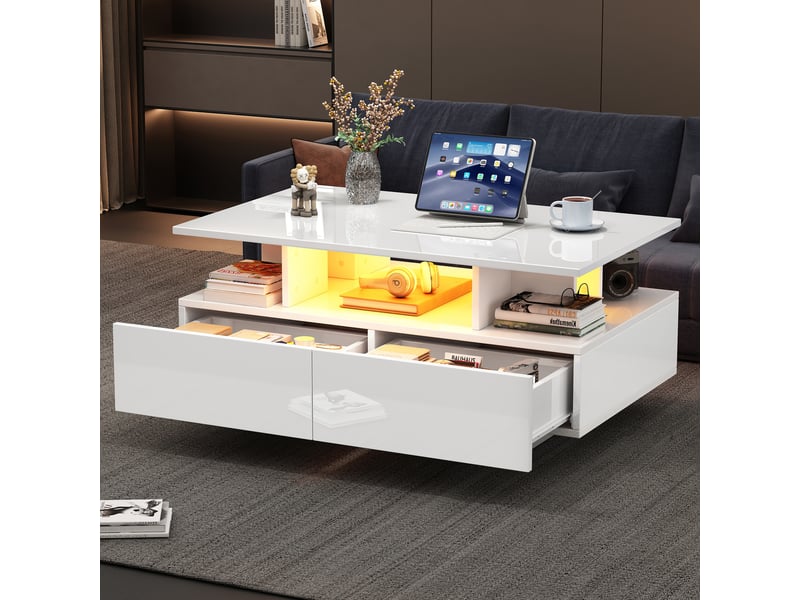  Table basse blanche brillante avec led intégrée, 2 tiroirs de rangement, 90x55x41 cm, charge 30 kg  - Conforama C
