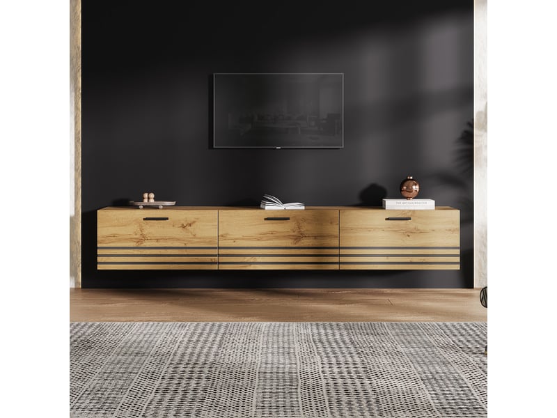  Meuble tv mural suspendu, 160 x 30 x 25,5 cm, avec 3 tiroirs et poignées, mdf et panneaux de particules, finition aspect bois  - Conforama D