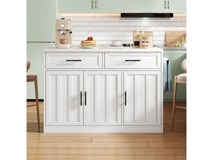 Îlot de cuisine 120x60x91 cm avec bar arrière, prises et usb, 2 tiroirs et 3 portes, plateau effet marbre en mdf, blanc