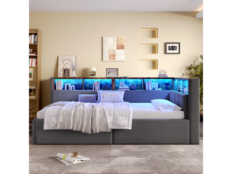  Lit de jour 90x200 cm canapé lit en lin gris avec coffre hydraulique et ports usbtype-c  - Conforama B