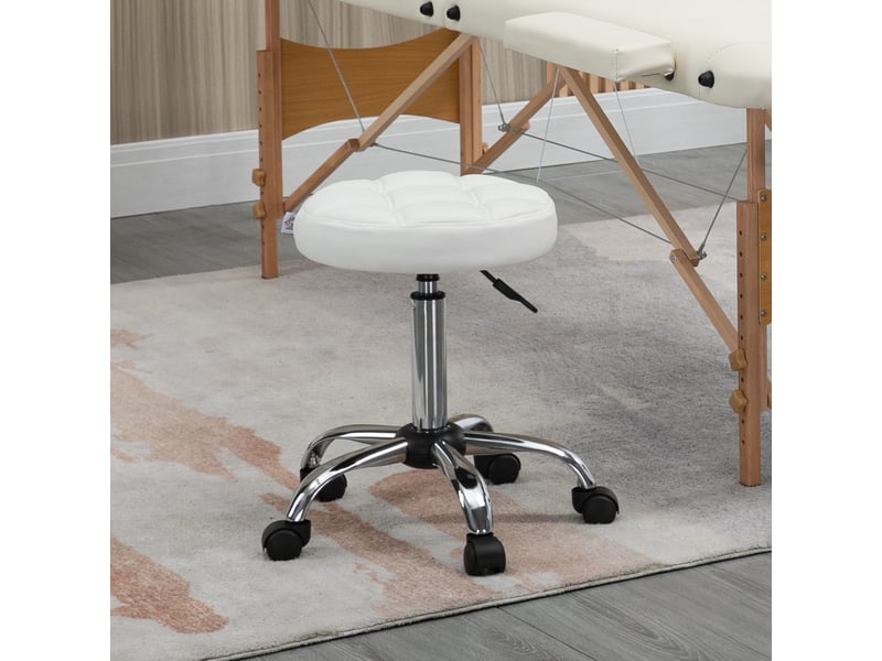  Tabouret pivotant rond à roulettes hauteur réglable et revêtement en simili cuir blanc  - Conforama D