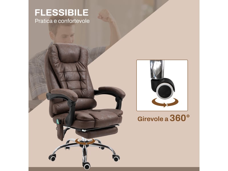 Fauteuil de bureau massant marron, inclinable de 90 à 135 degrés, repose-pieds - Conforama W