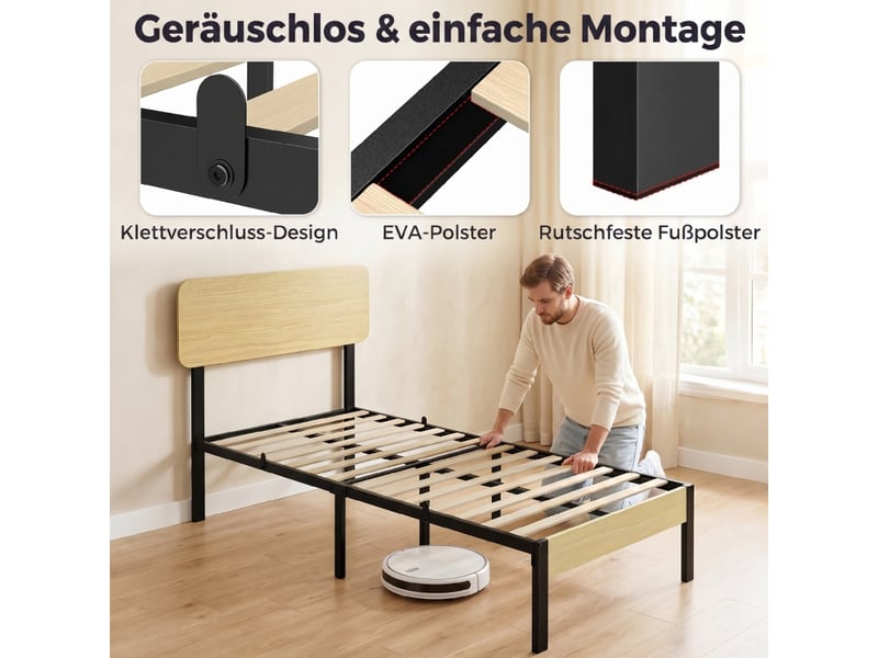  Lit plateforme 90x200 cm, lit enfant, rangement, métal bois naturel  - Conforama W