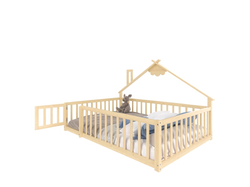  Lit enfant 140x190 cm, forme de maison, garde-corps, sommier, pin naturel, sans matelas  - Conforama A