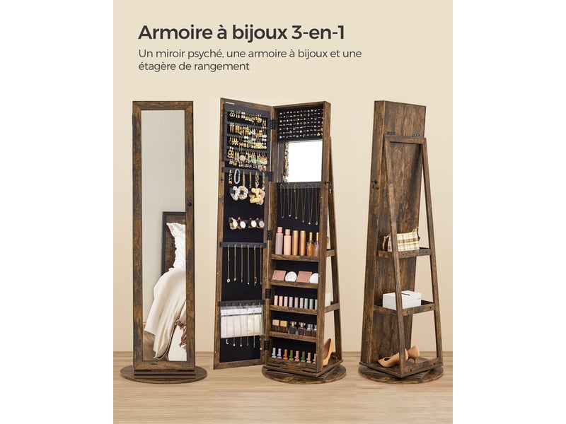 Armoire à bijoux pivotante à 360° avec grand miroir psyché 54 x 54 x 161 cm organisateur de bijoux verrouillable avec miroir intérieur étagères de rangement à l'arrière marron 12_0003942  - Conforama B