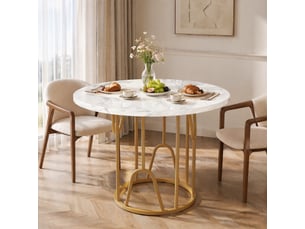 Table à manger ronde,80x80x76 cm,4 à 6 places,mdf,effet marbre blanc et métal doré