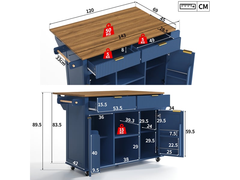 Îlot de cuisine mobile,143x45x89,5 cm,avec rangement,mdf,bleu et marron - Conforama C