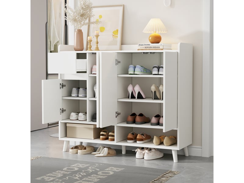 Meuble à chaussures 4 portes et 1 tiroir avec étagère réglable en panneaux de particules 120×35×99 cm blanc  - Conforama C