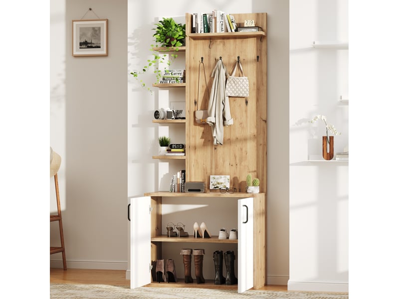  Vestiaire d'entrée ulevr avec porte-manteaux, rangement chaussures et 6 étagères, 75 x 33 x 180 cm, panneau de particules bois naturel et blanc  - Conforama B