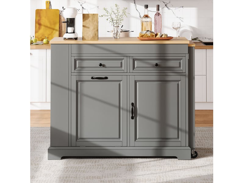  Desserte de cuisine mobile avec 2 tiroirs, 2 portes, tablette extensible et compartiment à déchets latéral en mdf gris  - Conforama D
