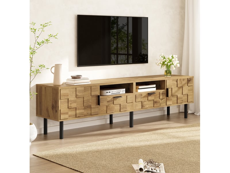  Meuble tv ulevr avec rangement 160 x 35 x 42,5 cm, 2 portes, 2 tiroirs, passe-câbles, panneau de particules naturel et noir  - Conforama B