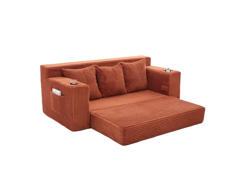  Canapé convertible 3 places 172 x 87 cm – orange – velours côtelé avec porte-gobelets et poches latérales  - Conforama A