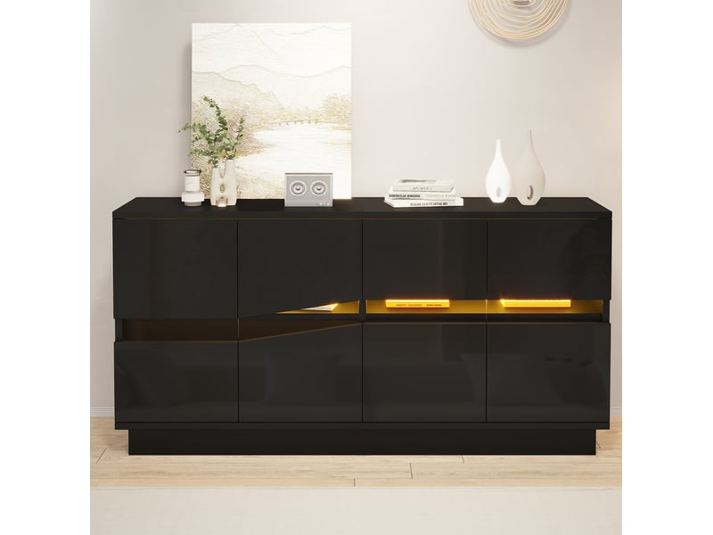 Buffet bas 140x35x70 cm avec éclairage led, 4 portes en panneau de particules couleur noir, moderne - Conforama D