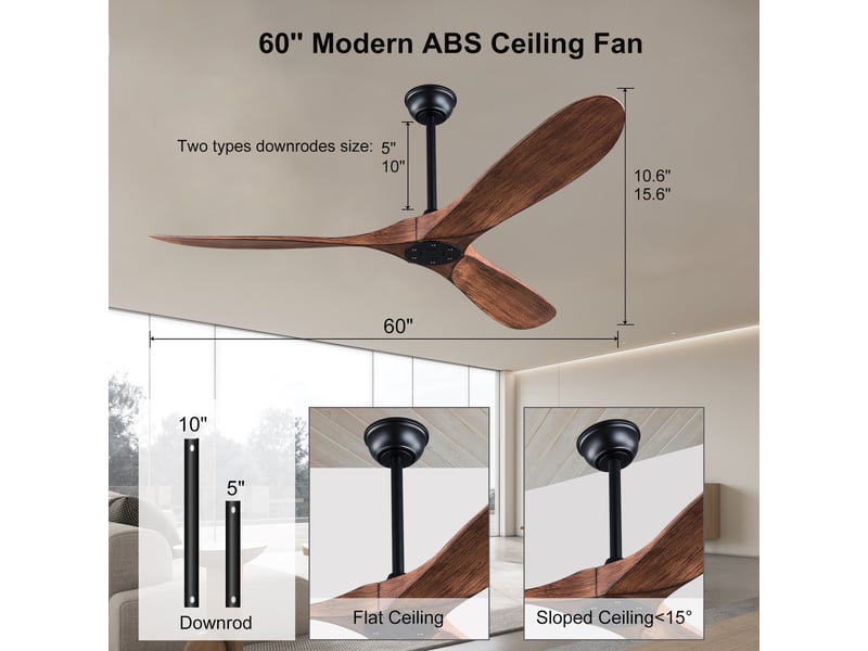  Ventilateur de plafond sans lumière 3 pales abs moteur dc noir noyer d 152 cm W5766P467480 - Conforama C