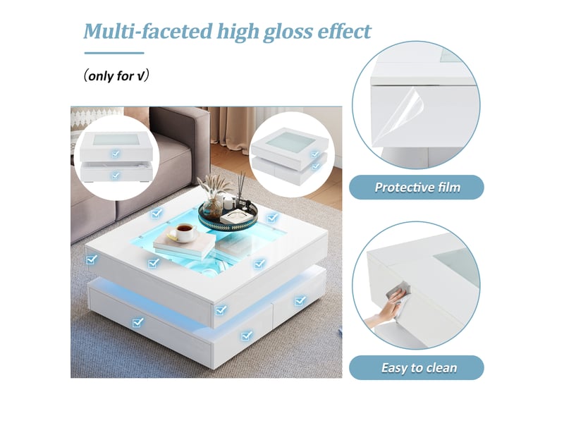  Table basse 70x70x35 cm avec led, 3 tiroirs et plateau en verre trempé, finition brillante, panneau de particules, blanc  - Conforama R