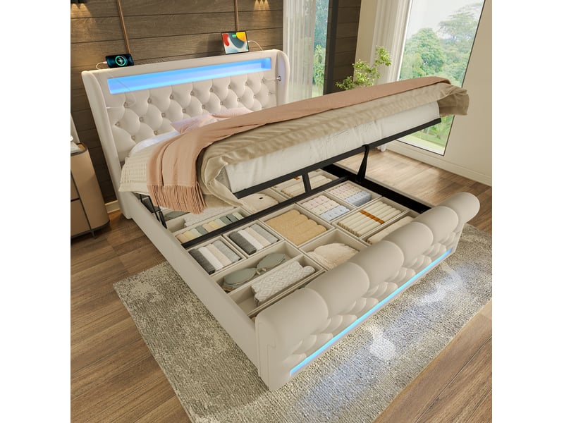  Lit coffre adulte 160x200 cm – beige – led, ports usb et usb-c, tête de lit capitonnée avec matelas  - Conforama B
