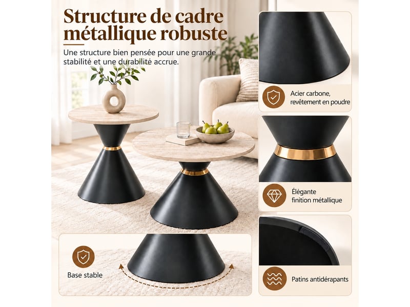  Lot de 2 tables basses rondes, plateau rond effet travertin beige, structure metal noir et dore, ø 7050 cm.  - Conforama E