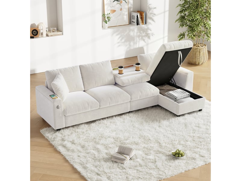  Canapé d'angle, canapé chenille – en tissu chenille, port usb, beige, avec accoudoirs, avec rangement, porte-gobelets  - Conforama W