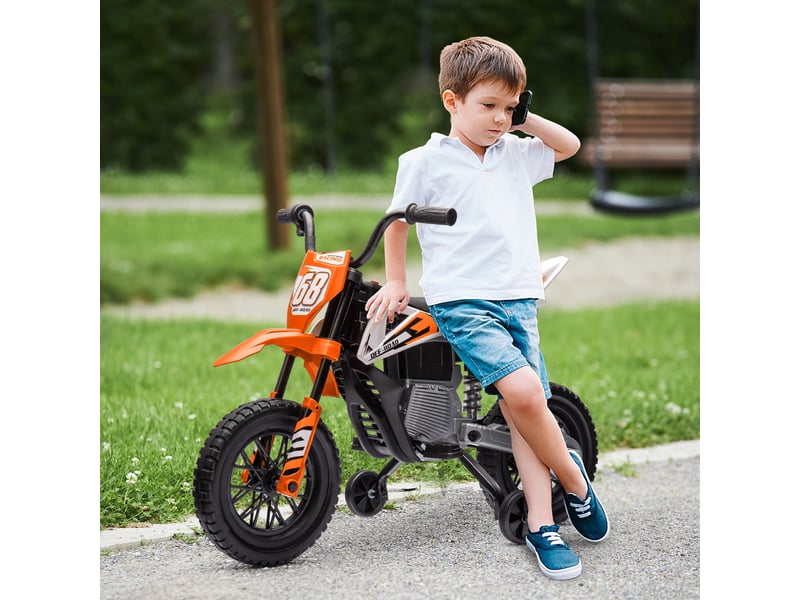  Moto électrique pour enfant moto cross pour enfants de 3 à 6 ans 2 moteurs 12v vitesse 5 kmh 109,5x60x72,5cm orange  - Conforama C