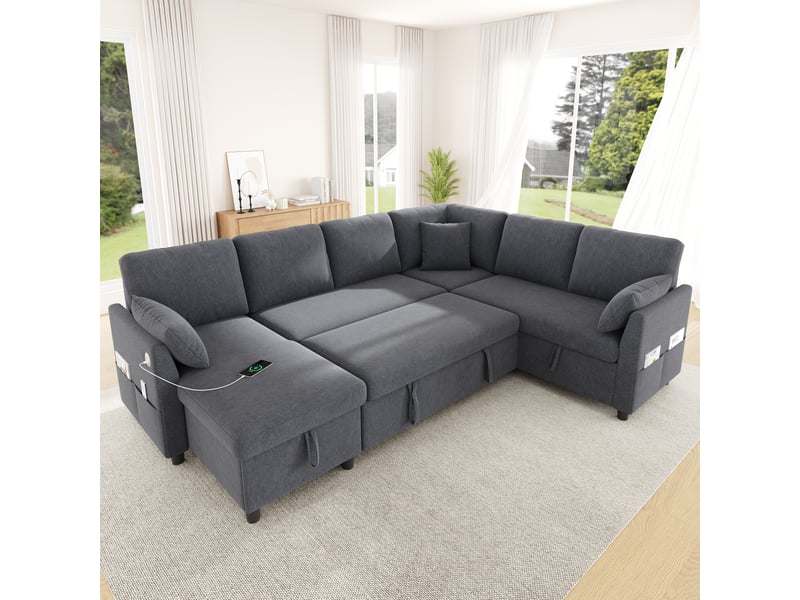  Canapé d'angle convertible 6 places 255x196 cm avec méridienne réversible, coffre de rangement, fonction lit, usb type-c et poches latérales - gris  - Conforama B