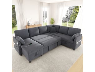 Canapé d'angle convertible 6 places 255x196 cm avec méridienne réversible, coffre de rangement, fonction lit, usb type-c et poches latérales - gris