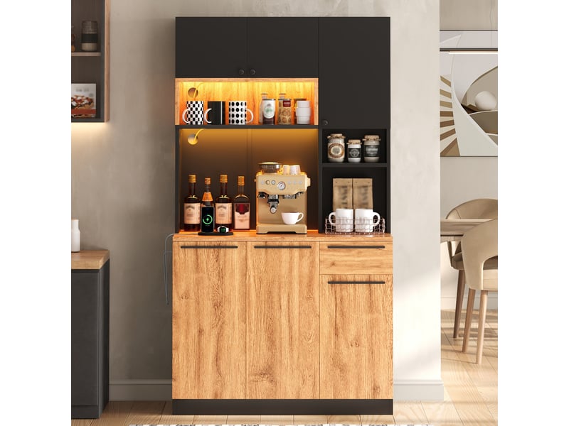  Buffet haut de cuisine 100x40x180 cm avec led rgb, 2 prises, 2 usb, 6 portes, 1 tiroir, étagères réglables, mdf effet bois naturel et noir  - Conforama C