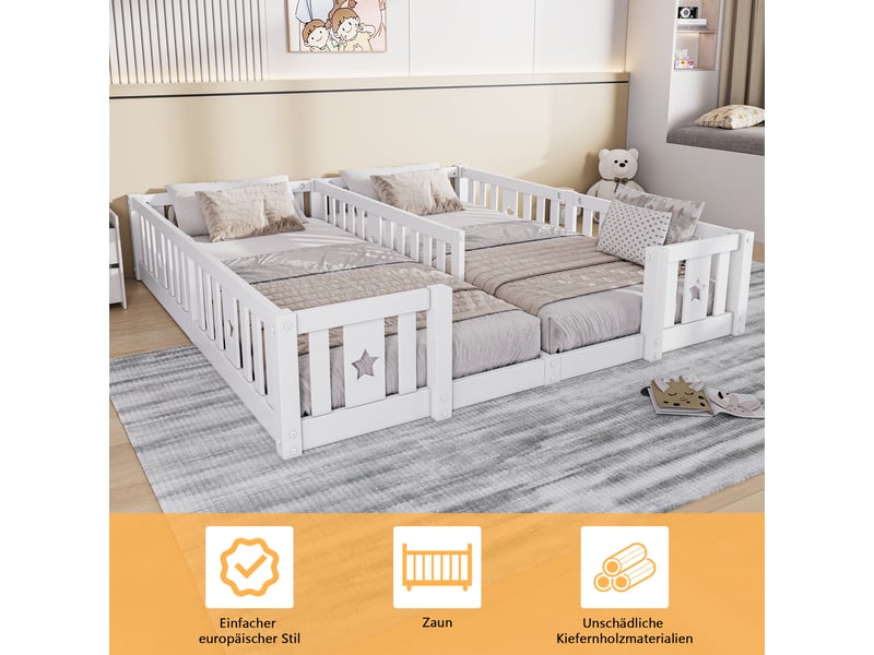 Lit au sol enfant 2x90x200 cm - lit montessori avec sommier à lattes + barrière de sécurité - lit double 2 places - pin massif blanc - Conforama C