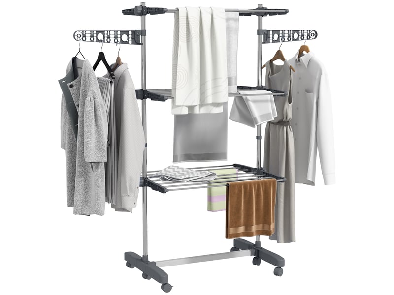 Séchoir vertical à 3 étagères réglables, acier et plastique, 142 x 55 x 152 cm, gris et argent - Conforama A