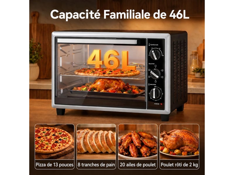  Mini four électrique 46 l à chaleur tournante, tournebroche, 1800 w, noir  - Conforama E