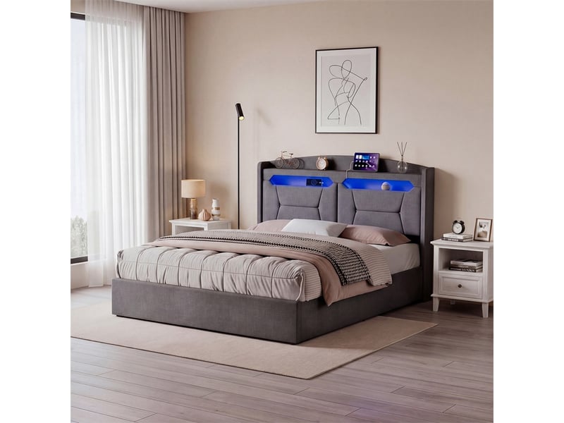  Lit 140x190cm - lit coffre 140x190cm - tête de lit de rangement led et sommier relevable - lin gris clair  - Conforama D