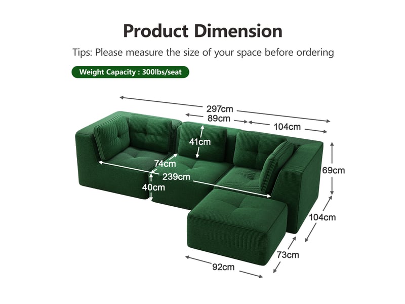 Canapé d'angle modulaire en velours côtelé avec assise profonde et modules combinables, vert - Conforama E
