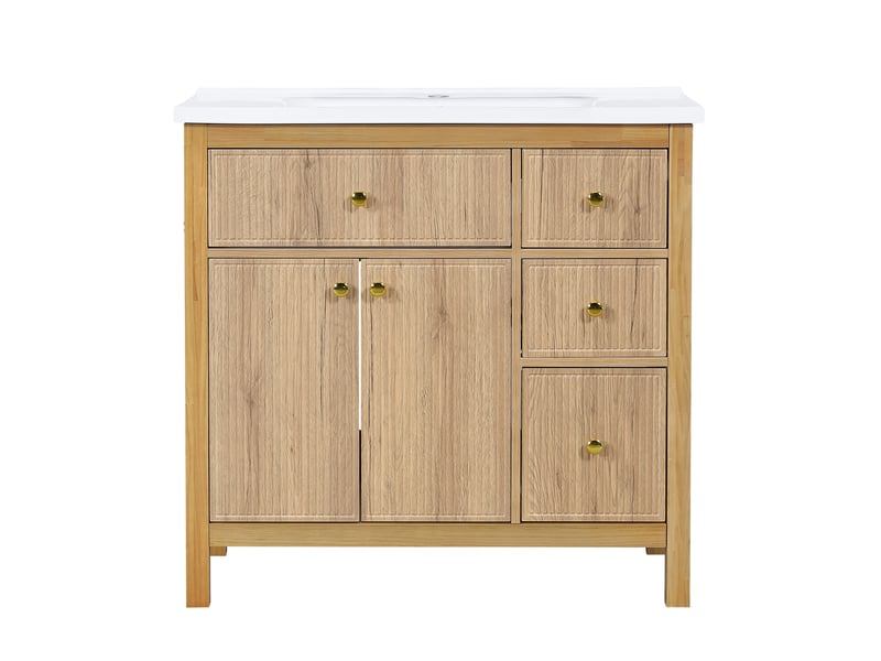  Meuble vasque 91 cm bois naturel, lavabo céramique, portes soft-close, tiroirs et étagères  - Conforama A