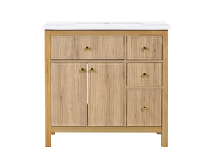 Meuble vasque 91 cm bois naturel, lavabo céramique, portes soft-close, tiroirs et étagères